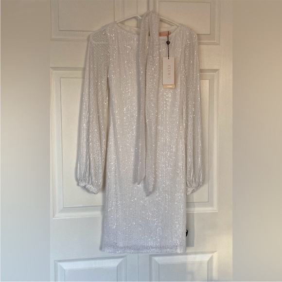 Club L London White Sequin Long Sleeve Mini Dress Size 8 - Picture 5 of 16